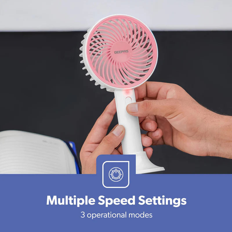 Geepas GF21206 4-Inch Rechargeable Handy Fan | Portable Personal Fan with Powerful Motor| 3 Speed Settings| USB Charging| Long Battery Life| Lightweight| 2 Years Warranty