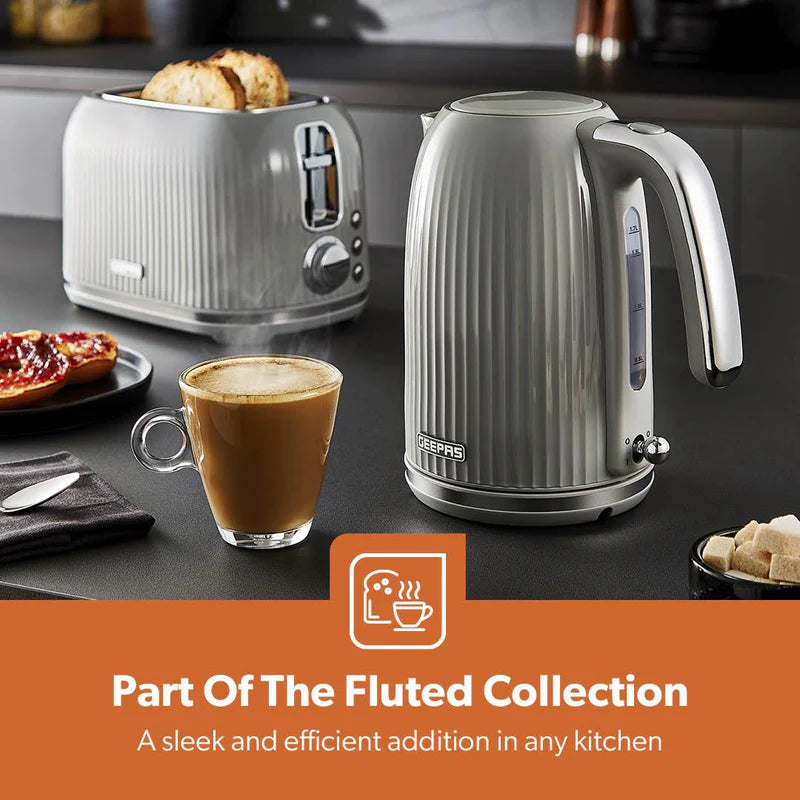 Geepas 1.7L Fluted Grey Jug Kettle GK38068UK-GR | 3000W Rapid Boil | 360° Cordless Base | Auto Shut-Off & Boil-Dry Protection | Elegant Design | 2 Years Warranty