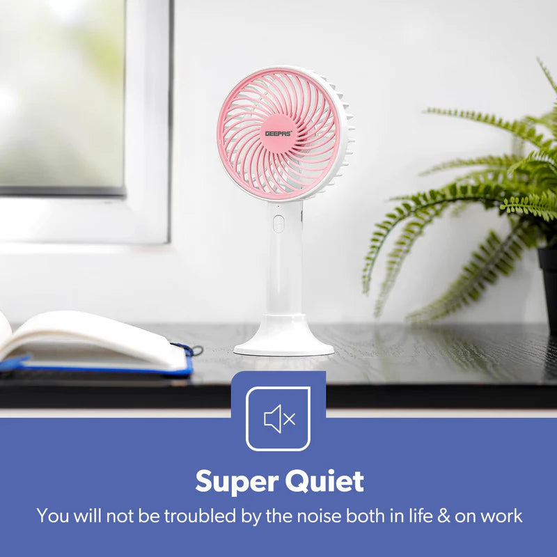 Geepas GF21206 4-Inch Rechargeable Handy Fan | Portable Personal Fan with Powerful Motor| 3 Speed Settings| USB Charging| Long Battery Life| Lightweight| 2 Years Warranty
