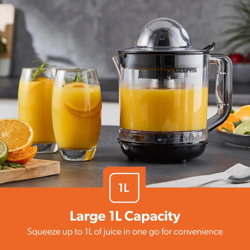 Geepas GCJ9900 Citrus Juicer | 1.0L Large Capacity | Two-Way Rotation for Maximum Extraction | Durable Copper Motor | 25W Power | Easy to Clean |  2 Years Warranty