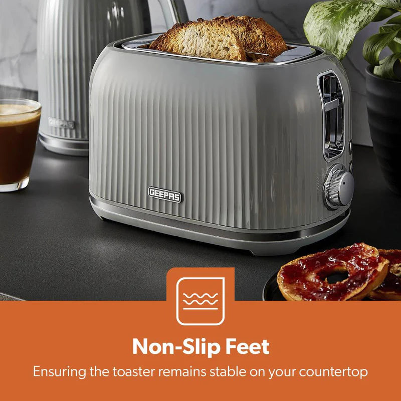 Geepas Fluted Bread Toaster- GBT36558UK-GR/ 2 Slice Slot, with 6 Adjustable Browning Control and Removable Crumb Tray, Defrost and Reheat Button/  2 Years Warranty, Grey