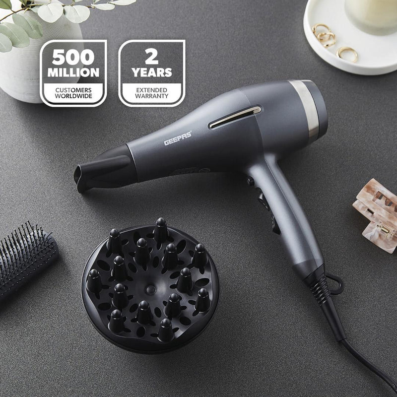 Geepas GHD86052UK Professional Ionic Hair Dryer | 2200W AC Motor | 3 Heat & 2 Speed Settings| Cool Shot | Ionic Function | Diffuser | Concentrator | 2 Years Warranty
