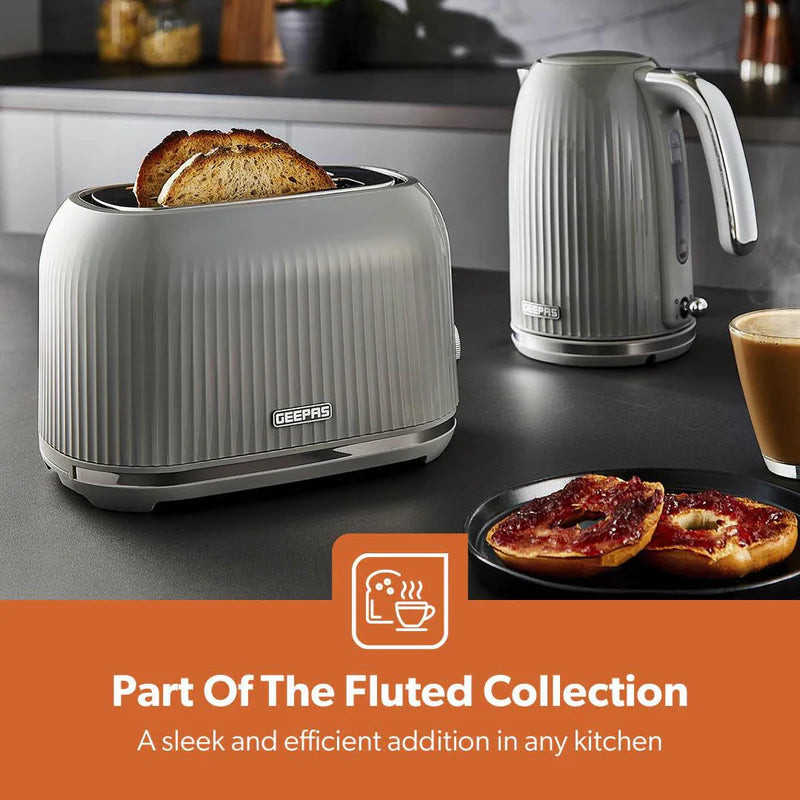 Geepas Fluted Bread Toaster- GBT36558UK-GR/ 2 Slice Slot, with 6 Adjustable Browning Control and Removable Crumb Tray, Defrost and Reheat Button/  2 Years Warranty, Grey