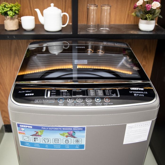 Geepas 420W Fully Automatic Top Loader Washing Machine 8kg - Auto-Imbalance, Gentle Fabric Care, Fuzzy Logic, Anti Vibration & Noise, Child Lock, Led Display, Stainless Steel Drum