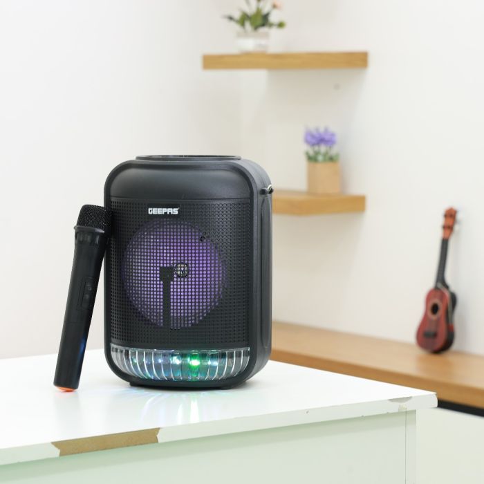 Geepas GMS11186 Rechargeable Portable Speaker | 25000W PMPO| Bluetooth & TWS| 6.5” Woofer| FM/USB/TF/AUX| LED Light| Wireless Mic| 3.7V 1800mAh Battery| 2 Years Warranty