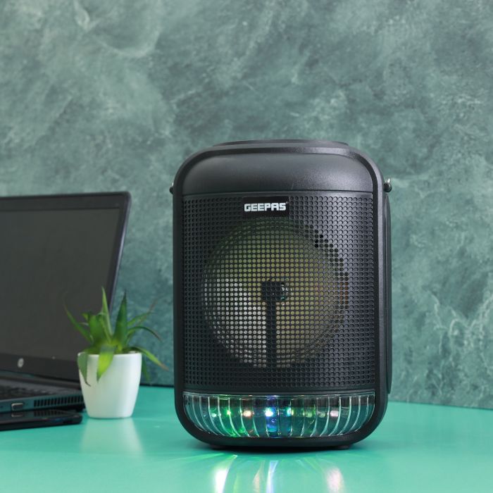 Geepas GMS11186 Rechargeable Portable Speaker | 25000W PMPO| Bluetooth & TWS| 6.5” Woofer| FM/USB/TF/AUX| LED Light| Wireless Mic| 3.7V 1800mAh Battery| 2 Years Warranty