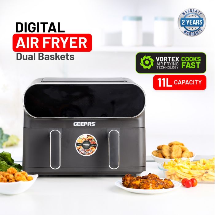 Geepas Digital Air Fryer- GAF37532| 11 L Capacity with 5.5 L Dual Baskets |  VORTEX Air Frying Technology| Digital Display, Dehydrate, 1-60 Min Timer | 2 Years Warranty
