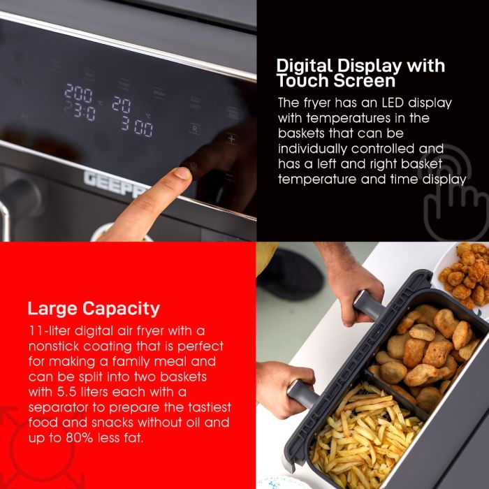 Geepas Digital Air Fryer- GAF37532| 11 L Capacity with 5.5 L Dual Baskets |  VORTEX Air Frying Technology| Digital Display, Dehydrate, 1-60 Min Timer | 2 Years Warranty