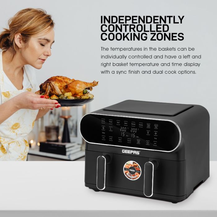 Geepas Digital Air Fryer- GAF37532| 11 L Capacity with 5.5 L Dual Baskets |  VORTEX Air Frying Technology| Digital Display, Dehydrate, 1-60 Min Timer | 2 Years Warranty