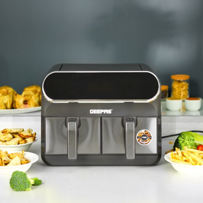 Geepas Digital Air Fryer GAF37533 | 8.0L with Dual 4.0L Baskets, Vortex Air Frying Technology, Digital Display, Dehydrate, 1–60 Min Timer, 200°C, 2 Years Warranty