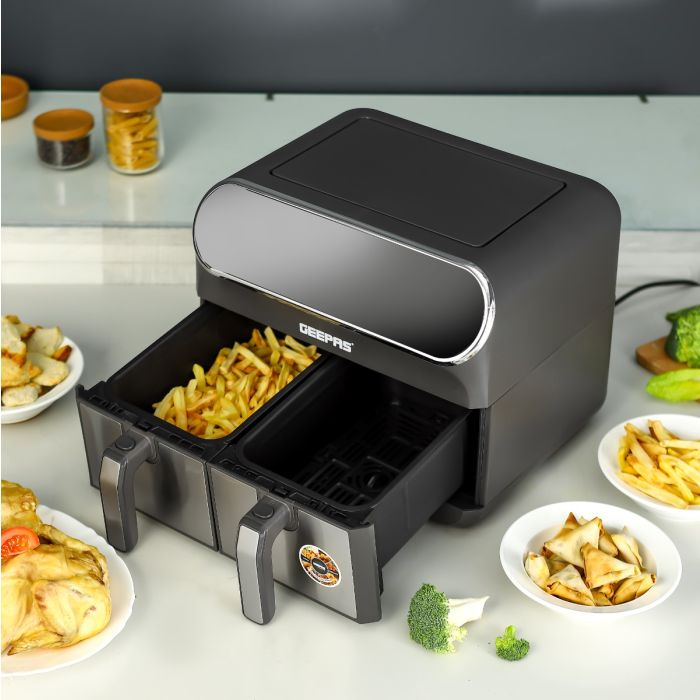 Geepas Digital Air Fryer GAF37533 | 8.0L with Dual 4.0L Baskets, Vortex Air Frying Technology, Digital Display, Dehydrate, 1–60 Min Timer, 200°C, 2 Years Warranty