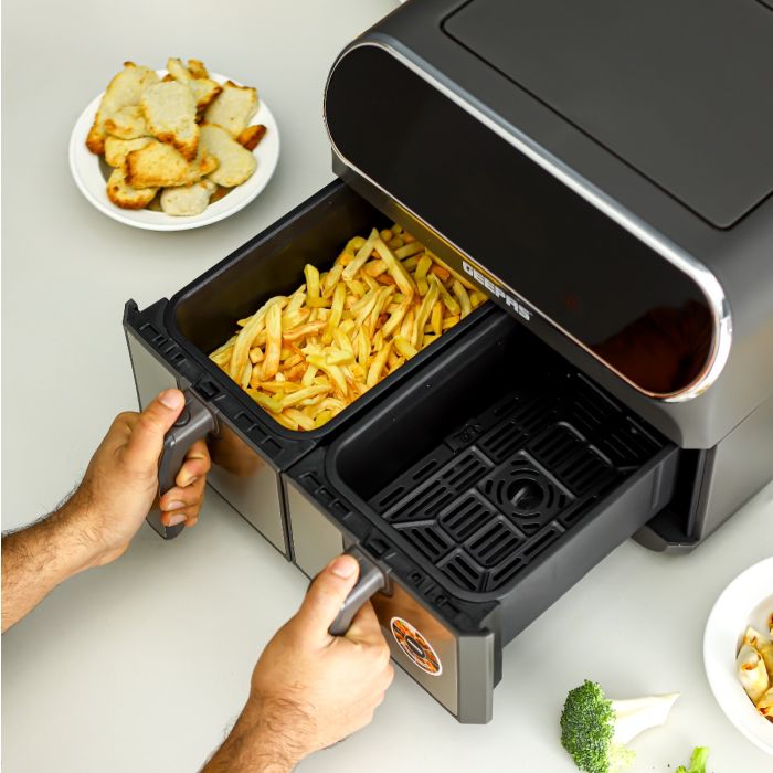 Geepas Digital Air Fryer GAF37533 | 8.0L with Dual 4.0L Baskets, Vortex Air Frying Technology, Digital Display, Dehydrate, 1–60 Min Timer, 200°C, 2 Years Warranty