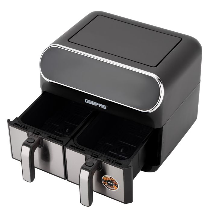Geepas Digital Air Fryer GAF37533 | 8.0L with Dual 4.0L Baskets, Vortex Air Frying Technology, Digital Display, Dehydrate, 1–60 Min Timer, 200°C, 2 Years Warranty