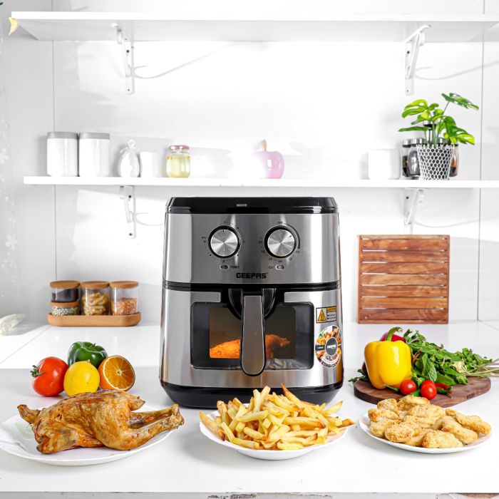 Geepas Air Fryer- GAF37542/ 9.2 L/  Vortex Frying Technology/ 1-30 Min Timer, Temperature 100-200 Degree Celsius/  View Glass Window / 2 Years Warranty, Black and Silver