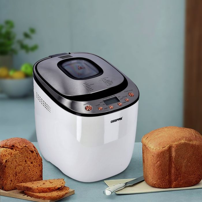 Geepas Automatic Bread Maker, 550W – Gluten Free Menu Bread Maker Machine, 2LB, 12 Preset Functions Fast-Bake Bread maker – 13 Hour Delay Function, 60 Mins Keep warm Function – 2 Year Warranty, White
