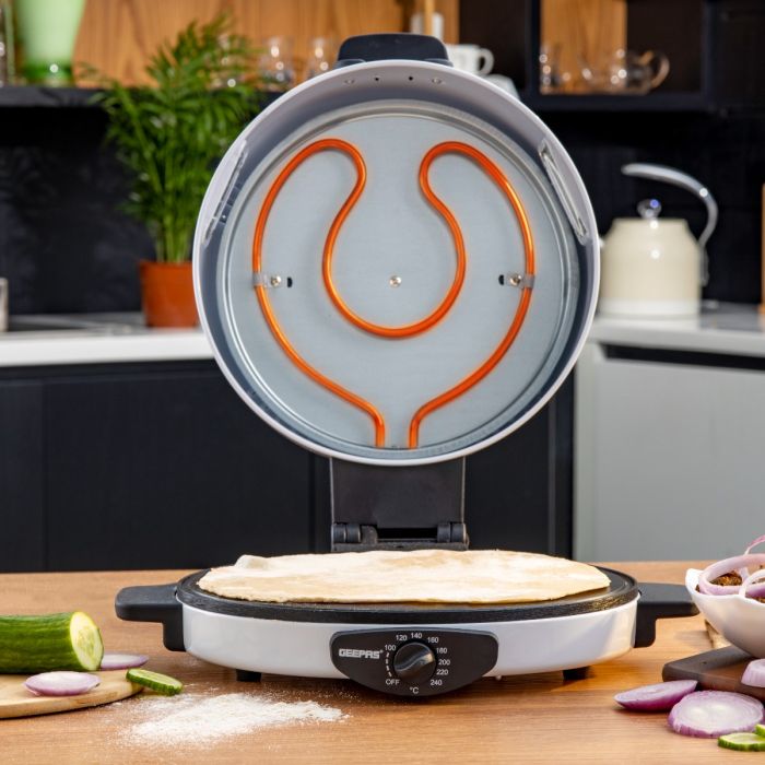 Geepas Arabic Bread Maker, 30cm Non-Stick Baking Plate, GBM63036 | Halogen Tube & Stainless Steel Heating Coil | Adjustable Double Thermostat for Perfect Cooking