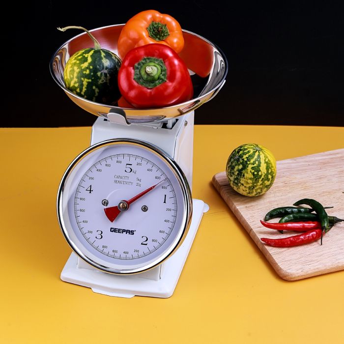 Geepas GBS4179 Mechanical Weighing Scale | 5kg Capacity Kitchen Scale with Stainless Steel Bowl| Easy-to-Read Dial| Multi-Unit Measurement| Accurate | 2 Years Warranty