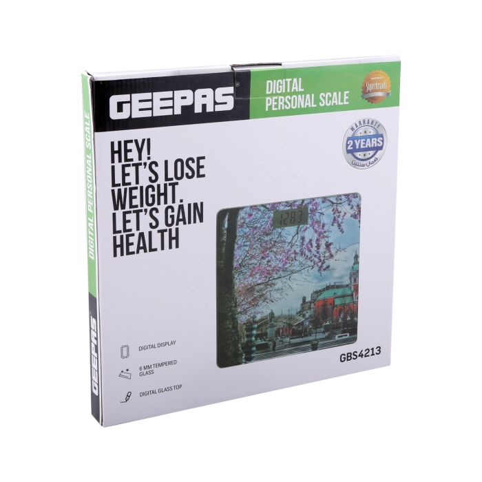 Geepas Digital Scale - General Use, Digital Display, Super Slim Design, 5mm Tempered Glass Platform, Auto On-Off, 150 Kg Capacity with 3 Units Reading | Over-Load, Auto Zero Setting | 2 Years Warranty