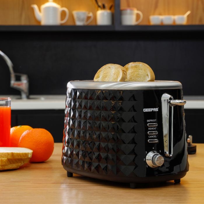 Geepas GBT36536 2-Slice Bread Toaster | 850W Power | 7 Adjustable Browning Levels | Cancel, Defrost & Reheat Functions | Removable Crumb Tray | Cool-Touch Housing