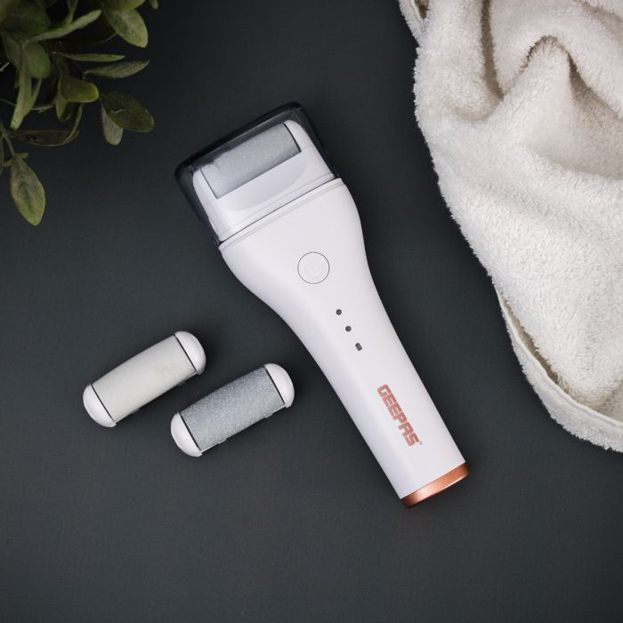 Geepas 3-in-1 Callus Remover- GCL57515/ Rechargeable and Fast Charging with 360 Degree Rotating Head/ 3 Grinding Heads, Includes Fine, Rough, Medium/ Perfect for Smooth and Soft Feet/ White, 2 Years Warranty