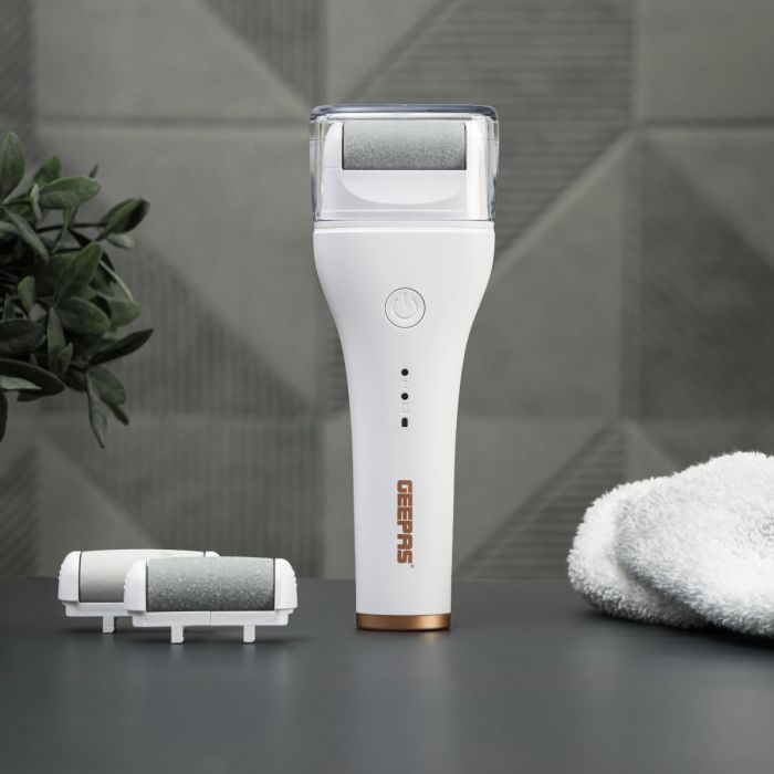 Geepas 3-in-1 Callus Remover- GCL57515/ Rechargeable and Fast Charging with 360 Degree Rotating Head/ 3 Grinding Heads, Includes Fine, Rough, Medium/ Perfect for Smooth and Soft Feet/ White, 2 Years Warranty