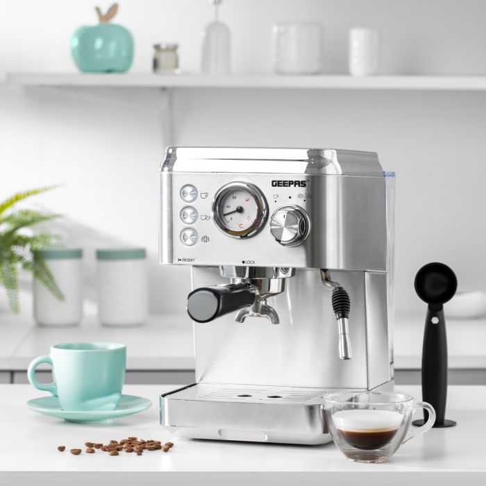 Geepas GCM1523SS Espresso & Cappuccino Coffee Machine | 20 Bar High-Pressure Pump| 1.8L Water Tank| Frothing System| Dual Filter | G23 Platinum Series| 2 Years Warranty