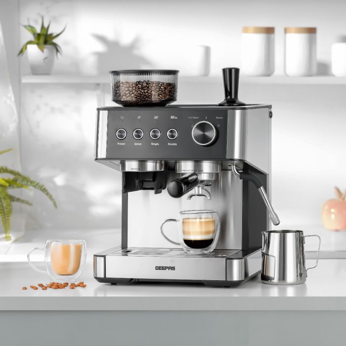 Geepas GCMG1325S Espresso & Cappuccino Coffee Machine | 20 Bar High-Pressure Pump, Built-In Coffee Grinder, Frothing Steam Wand, Dual Filter | A43 Platinum Series