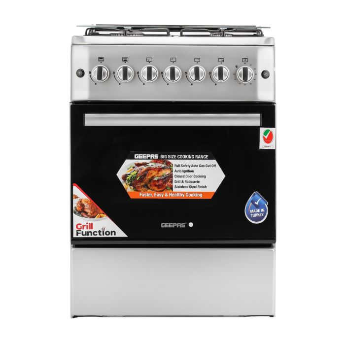 Geepas 60x60 Free Standing Oven | GCR6057 |4 Euro Pool Type Gas Burners | Auto Ignition| Multiple Power Levels| Grill & Rotisserie Function| Full Safety| 1 Year Warranty