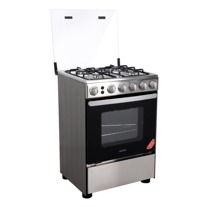 Geepas GCR6058 Cooking Range | 60x60cm | 4 Gas Burners with Electric Ignition| Oven Lamp| Timer & Rotisserie| Stainless Steel Housing| Double Glass Door| 1 Year Warranty