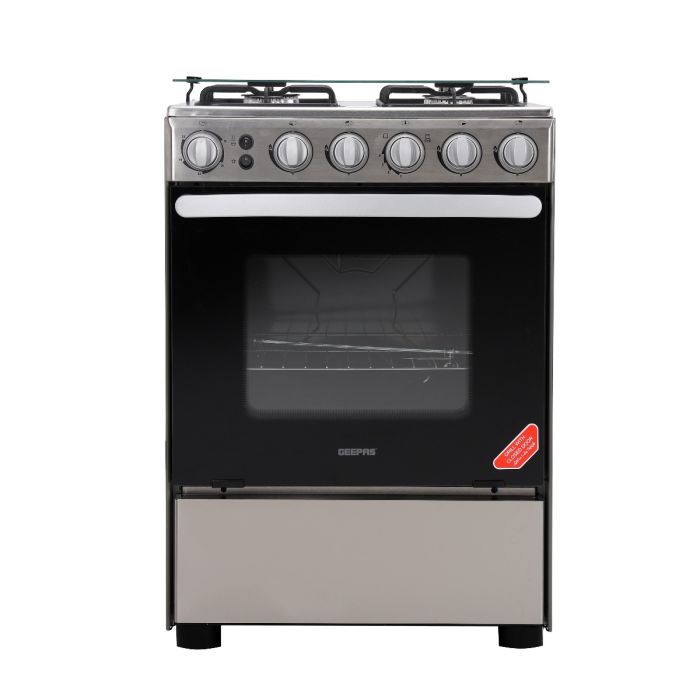 Geepas GCR6058 Cooking Range | 60x60cm | 4 Gas Burners with Electric Ignition| Oven Lamp| Timer & Rotisserie| Stainless Steel Housing| Double Glass Door| 1 Year Warranty
