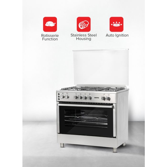 Geepas GCR9077FTCST 90x60 Cooking Range | 5 Gas Burners, Italian Sabaf Triple Burner, Rotisserie, Turbofan, Full Safety | Stainless Steel | Made in Turkey| 1 Year Warranty