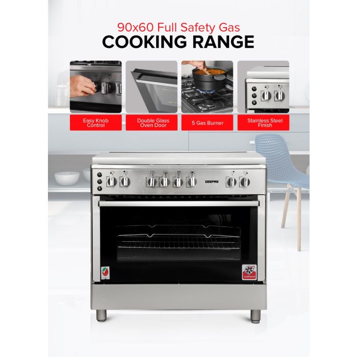 Geepas GCR9077FTCST 90x60 Cooking Range | 5 Gas Burners, Italian Sabaf Triple Burner, Rotisserie, Turbofan, Full Safety | Stainless Steel | Made in Turkey| 1 Year Warranty
