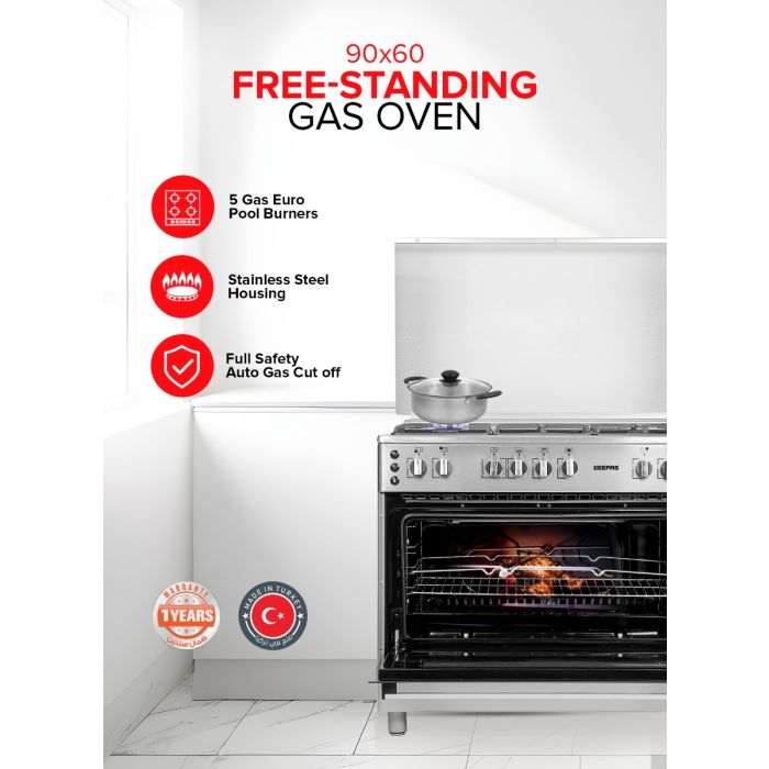 Geepas GCR9077FTCST 90x60 Cooking Range | 5 Gas Burners, Italian Sabaf Triple Burner, Rotisserie, Turbofan, Full Safety | Stainless Steel | Made in Turkey| 1 Year Warranty