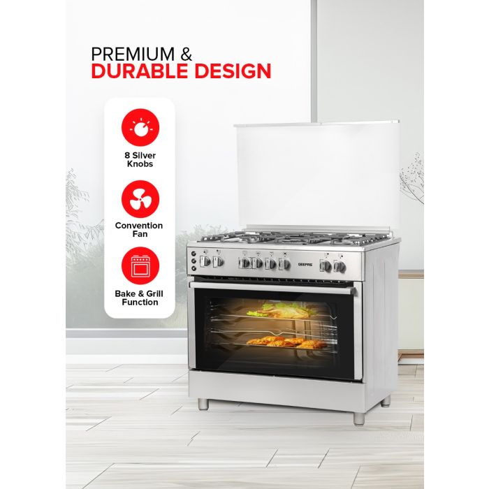 Geepas GCR9077FTCST 90x60 Cooking Range | 5 Gas Burners, Italian Sabaf Triple Burner, Rotisserie, Turbofan, Full Safety | Stainless Steel | Made in Turkey| 1 Year Warranty