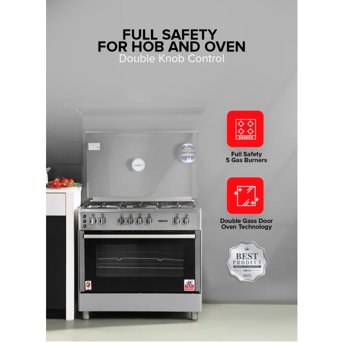 Geepas GCR9077FTCST 90x60 Cooking Range | 5 Gas Burners, Italian Sabaf Triple Burner, Rotisserie, Turbofan, Full Safety | Stainless Steel | Made in Turkey| 1 Year Warranty