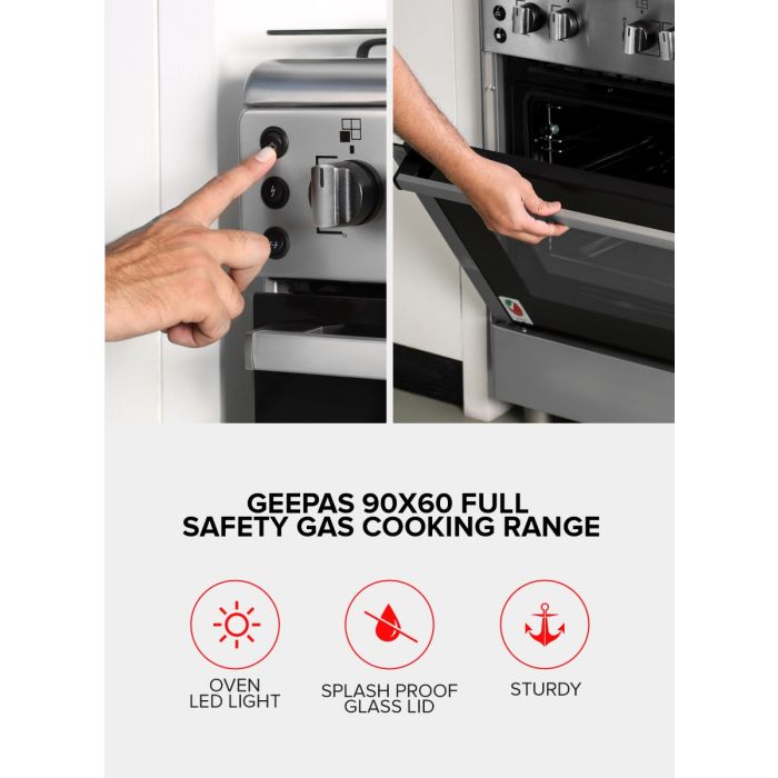 Geepas GCR9077FTCST 90x60 Cooking Range | 5 Gas Burners, Italian Sabaf Triple Burner, Rotisserie, Turbofan, Full Safety | Stainless Steel | Made in Turkey| 1 Year Warranty