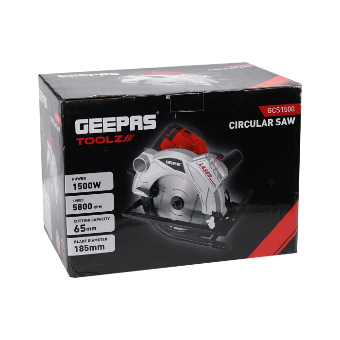 Geepas 1500W 185mm - Multi-Purpose Circular Saw, Bevel Angle Joint Cuts - Blade 65mm Cutting Depth, Dust Extraction, Depth & Angle Adjustment | Ideal for Wood, Mild Steel & Plastic