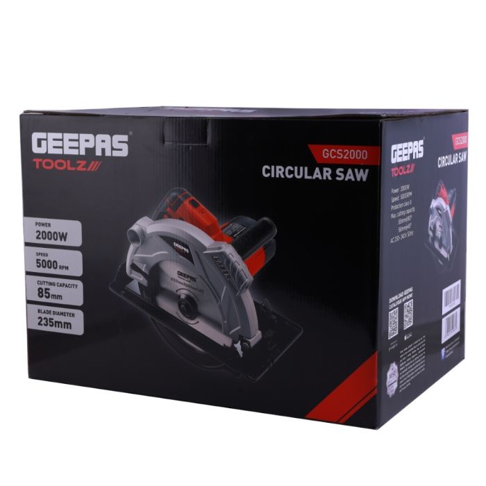 Geepas 2000W 235mm - Multi-Purpose Circular Saw, Bevel Angle Joint Cuts - Blade 85mm Cutting Depth, Dust Extraction, Depth & Angle Adjustment | Ideal for Wood, Mild Steel & Plastic