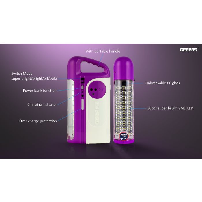 Geepas Rechargeable LED Lantern with LED Bulb and Solar Panel| GE53035|Automatic Lighting| USB Mobile Charging|100 Hours Working| Solar Input| Power Bank Function| Strong and Portable Design|Purple|2 Years Warranty
