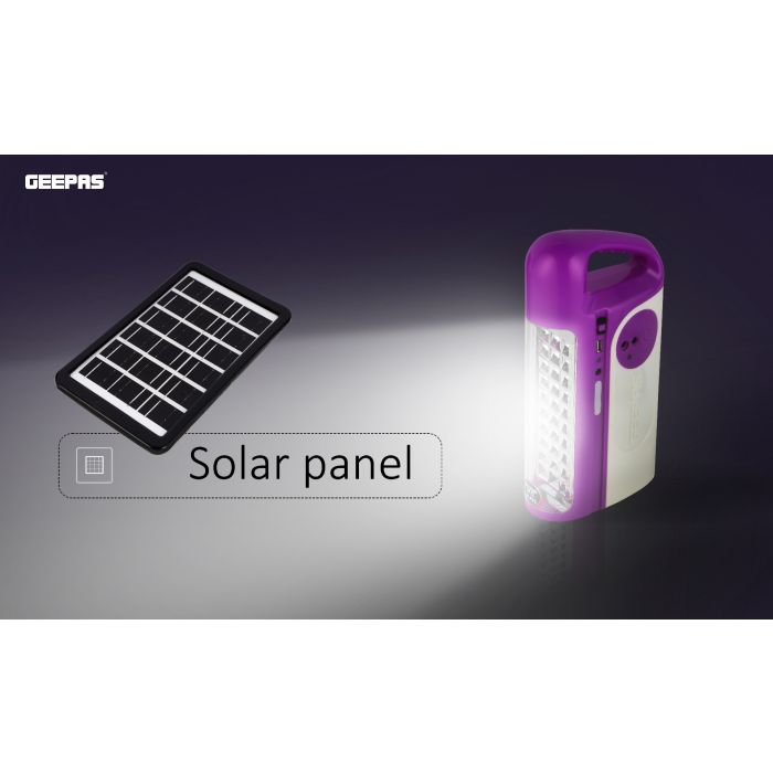 Geepas Rechargeable LED Lantern with LED Bulb and Solar Panel| GE53035|Automatic Lighting| USB Mobile Charging|100 Hours Working| Solar Input| Power Bank Function| Strong and Portable Design|Purple|2 Years Warranty