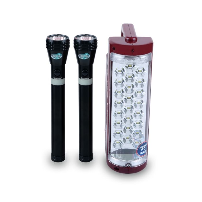 Geepas Rechargeable LED Lantern & 2Pcs Torch | Emergency Lantern with Light Dimmer Function | 24 Pcs Super Bright LEDs| Ideal for Outings, Trekking, Campaigning and more | 2 Years Warranty
