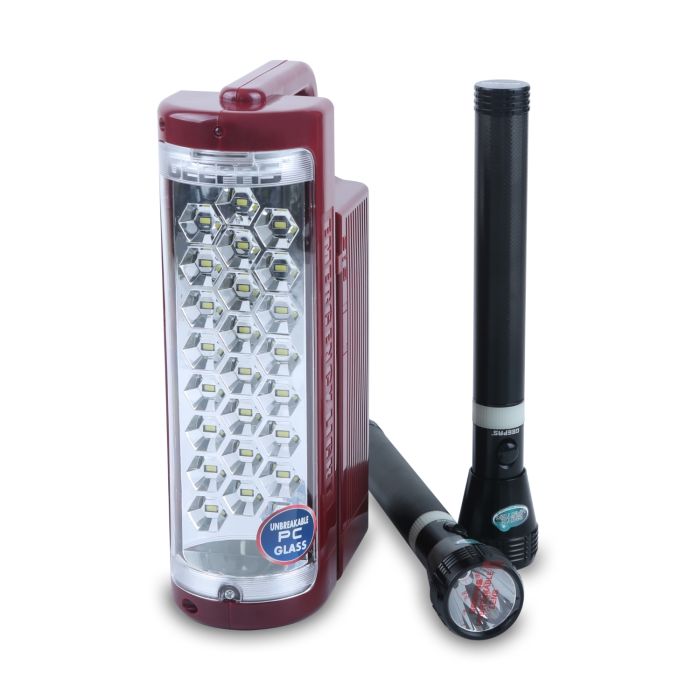 Geepas Rechargeable LED Lantern & 2Pcs Torch | Emergency Lantern with Light Dimmer Function | 24 Pcs Super Bright LEDs| Ideal for Outings, Trekking, Campaigning and more | 2 Years Warranty