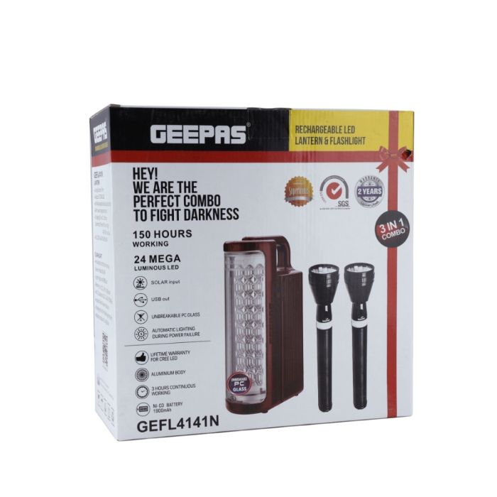 Geepas Rechargeable LED Lantern & 2Pcs Torch | Emergency Lantern with Light Dimmer Function | 24 Pcs Super Bright LEDs| Ideal for Outings, Trekking, Campaigning and more | 2 Years Warranty