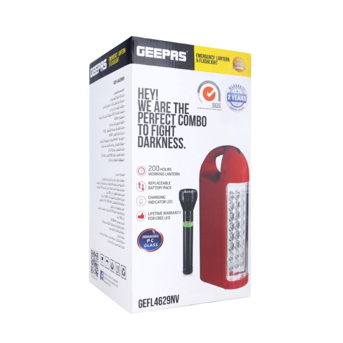 Geepas 2 In 1 Combo Pack Rechargeable LED Lantern & Torch | Emergency Lantern with Light Dimmer Function | 24 Pcs Super Bright LEDs| Ideal for Outings, Trekking, Campaigning and more | 1 Year Warranty