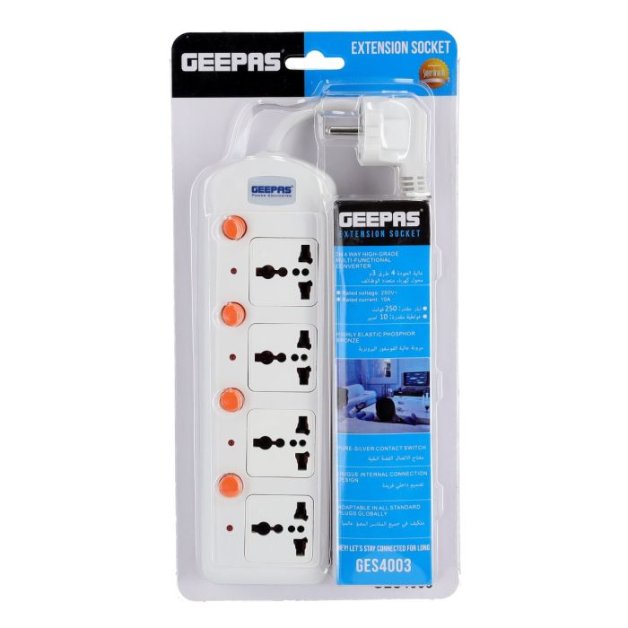 Geepas 4 Way Extension Board VDE Plug with Individually On/Off Switch GES4003-VDE- Power Extension Socket -Multi Plug Power Cable
