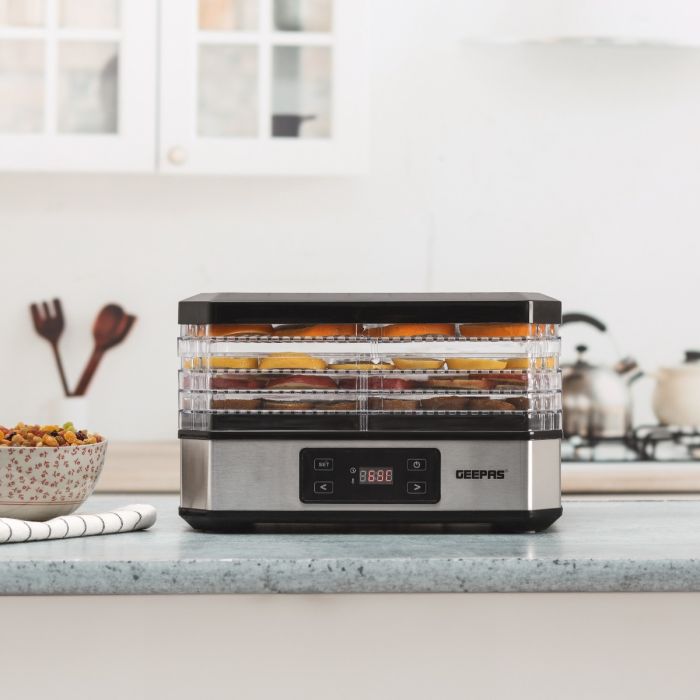 Geepas Digital Food Dehydrator GFD63013N | 500W  | 5 Stackable Trays | Adjustable Temperature |48H Timer |Perfect for Preserving Fruits, Vegetables Etc |2 Years Warranty