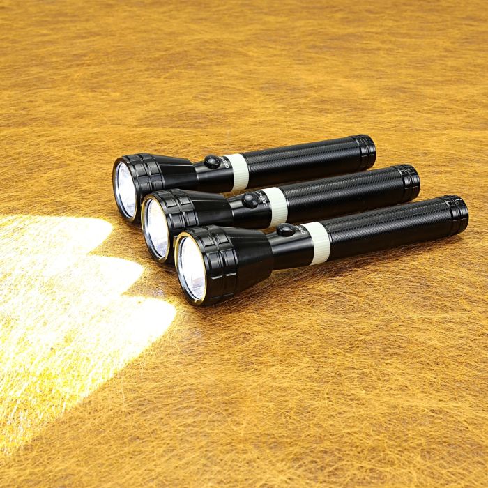 Geepas 3Pcs Rechargeable LED Flashlight 211MM - Hyper Bright White 1800 Meters Range |Ideal for Indoor & Outdoor Trekking, Campaigning & Emergency | Pocket Flashlight with Charger | 2 Years Warranty
