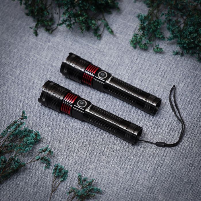 Geepas Rechargeable LED Flashlight- GFL4667/ Pack of 2, 15W, Perfect for Indoor and Outdoor Use, 5 Hours Continuous Working/ with Aluminum Housing, Lithium Battery/ Black, Lifetime Warranty