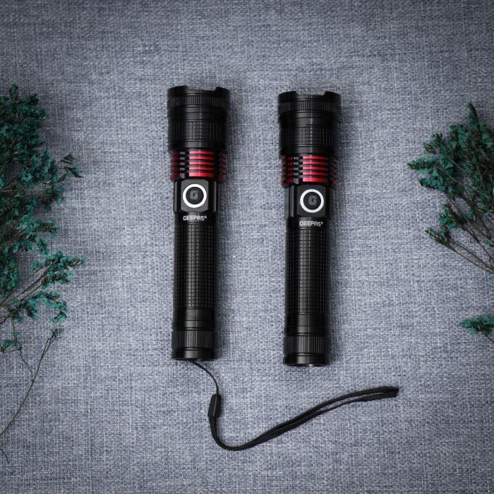 Geepas Rechargeable LED Flashlight- GFL4667/ Pack of 2, 15W, Perfect for Indoor and Outdoor Use, 5 Hours Continuous Working/ with Aluminum Housing, Lithium Battery/ Black, Lifetime Warranty