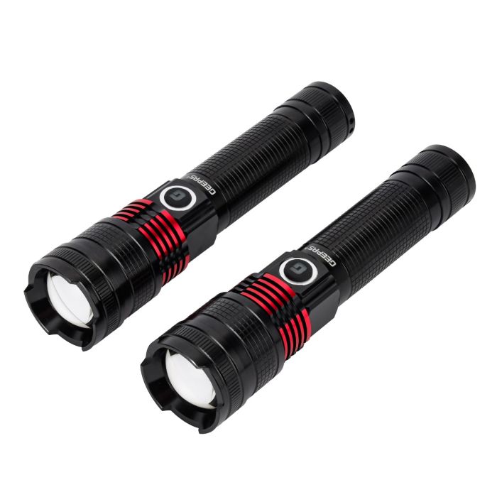 Geepas Rechargeable LED Flashlight- GFL4667/ Pack of 2, 15W, Perfect for Indoor and Outdoor Use, 5 Hours Continuous Working/ with Aluminum Housing, Lithium Battery/ Black, Lifetime Warranty